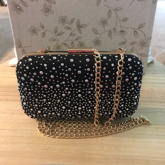 Shiny Rhinestone Studded Evening Party Clutch Handbag with Chain - Picture 4 of 11